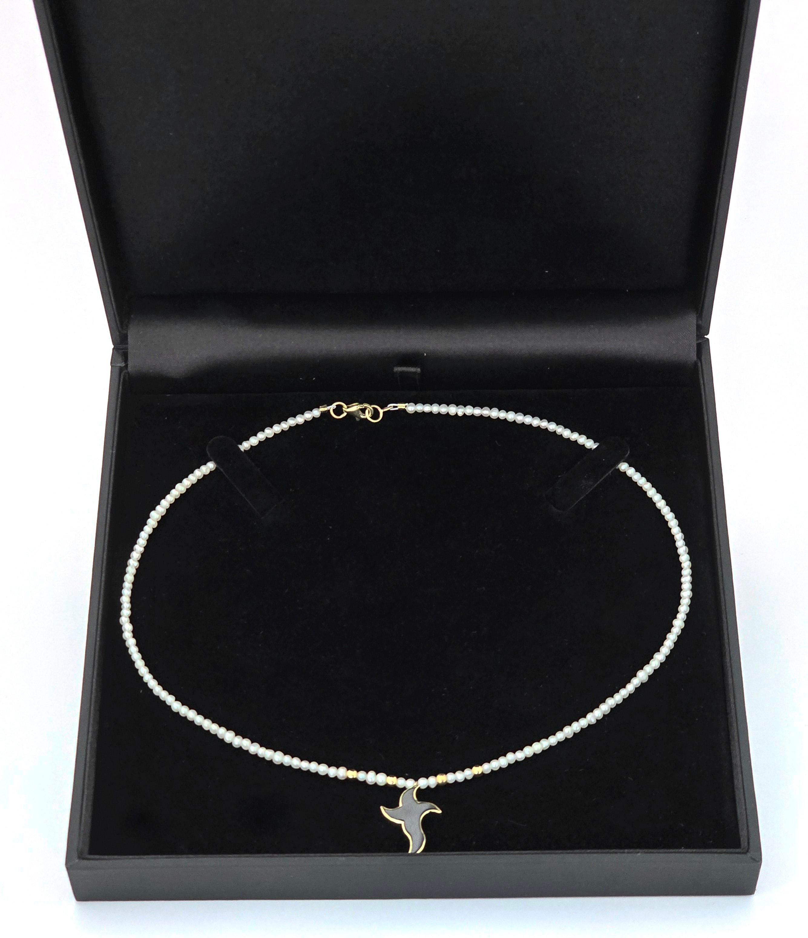 Modern 14 kt Yellow Gold Onyx Cross & Freshwater Pearl Necklace For Sale