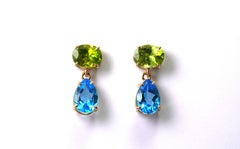14 Kt Yellow Gold Peridot Blue Topaz Earrings