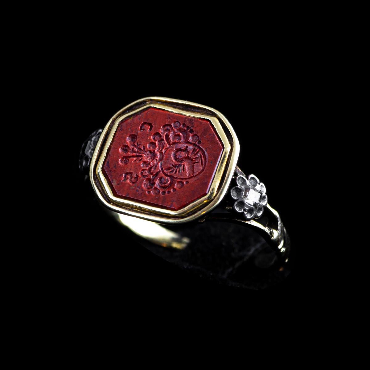Mixed Cut 14 Kt Yellow Gold Ring with 1840s Heraldic Emblem Carved Jasper For Sale