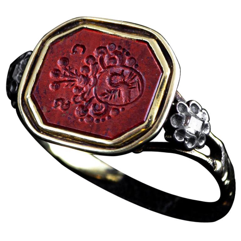 14 Kt Yellow Gold Ring with 1840s Heraldic Emblem Carved Jasper For Sale