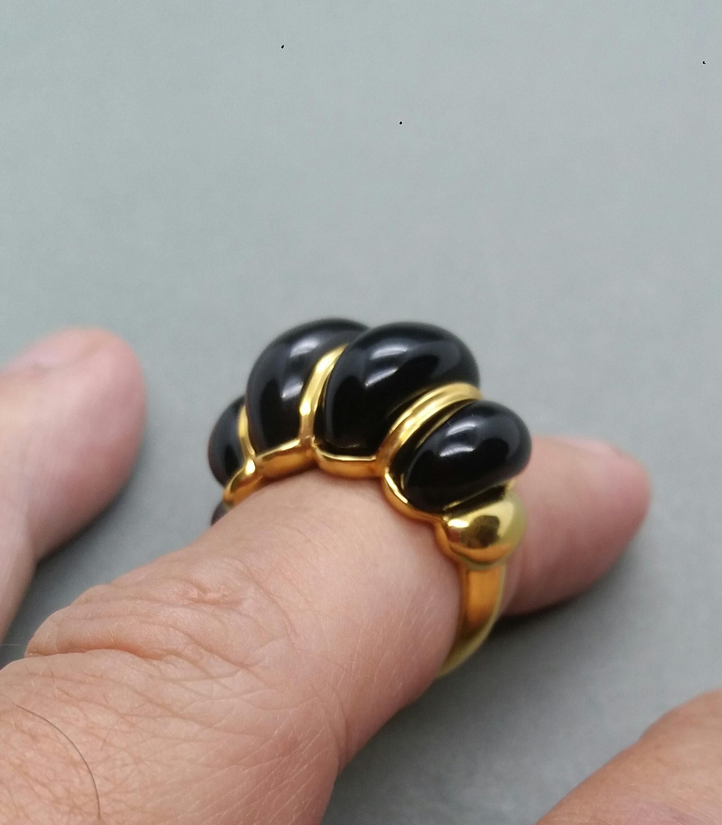 Mixed Cut 14 Kt Yellow Gold Ring with 5 Black Onyx Domed Sectors Cocktail Ring For Sale