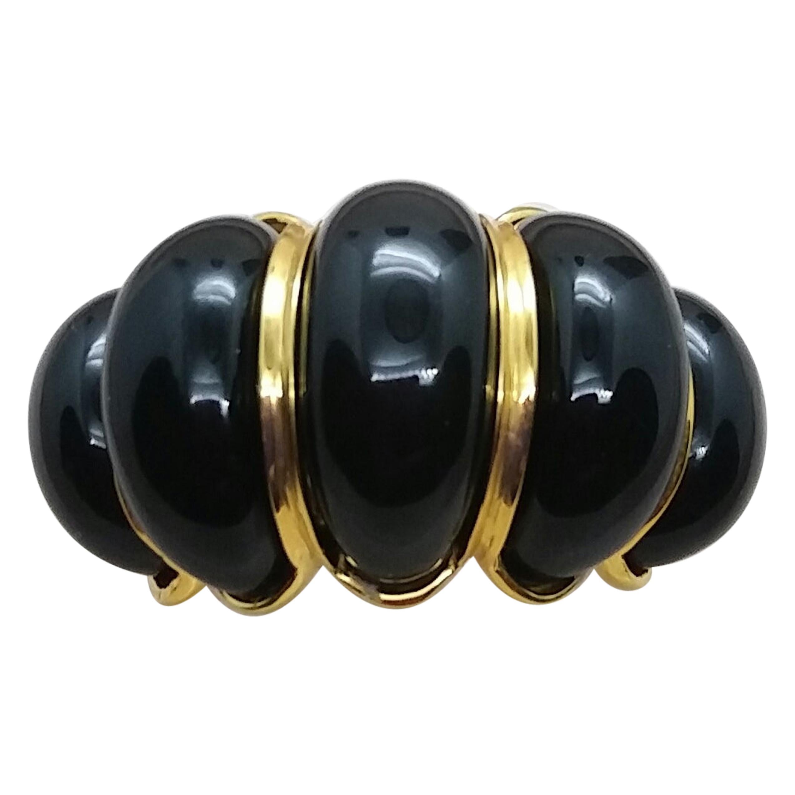 14 Kt Yellow Gold Ring with 5 Black Onyx Domed Sectors Cocktail Ring