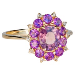 14 Karat Yellow Gold Ring with Spinel, Amethyst and Diamonds
