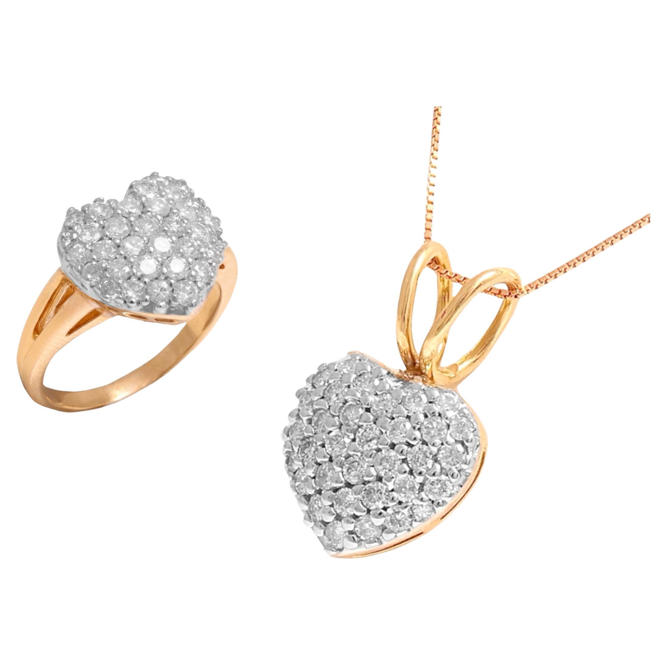 14 kt. Pendentif bague et collier en or jaune, en forme de cœur avec 2 carats Diamants en vente