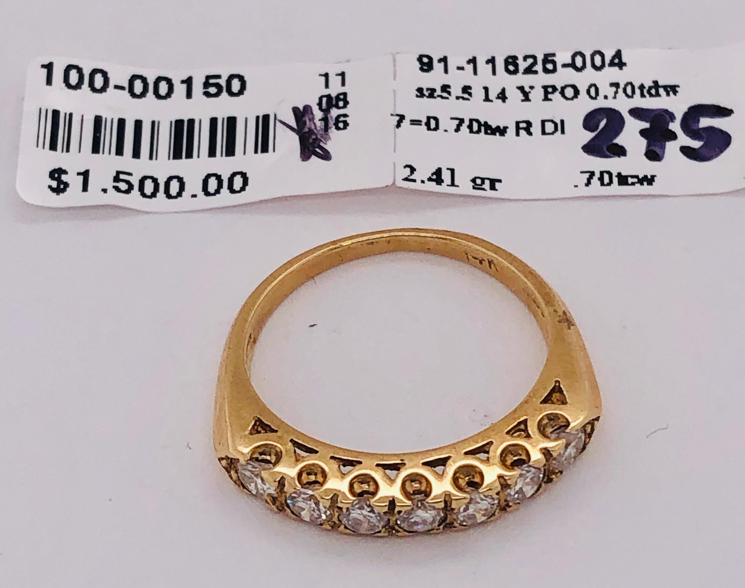 14 Karat Yellow Gold Seven Diamond Anniversary Ring Wedding Band 0.70 TDW For Sale 6