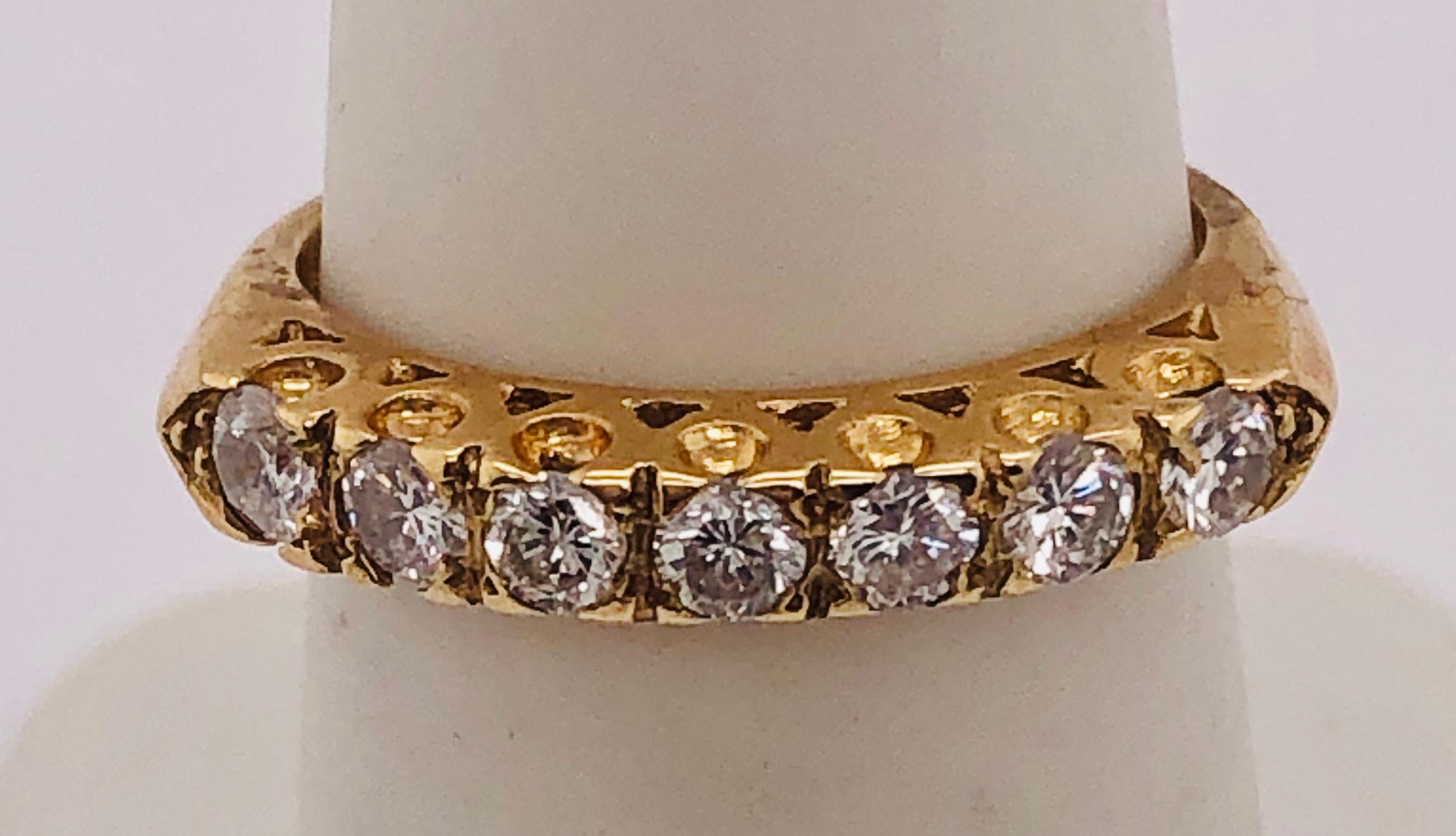 Modern 14 Karat Yellow Gold Seven Diamond Anniversary Ring Wedding Band 0.70 TDW For Sale