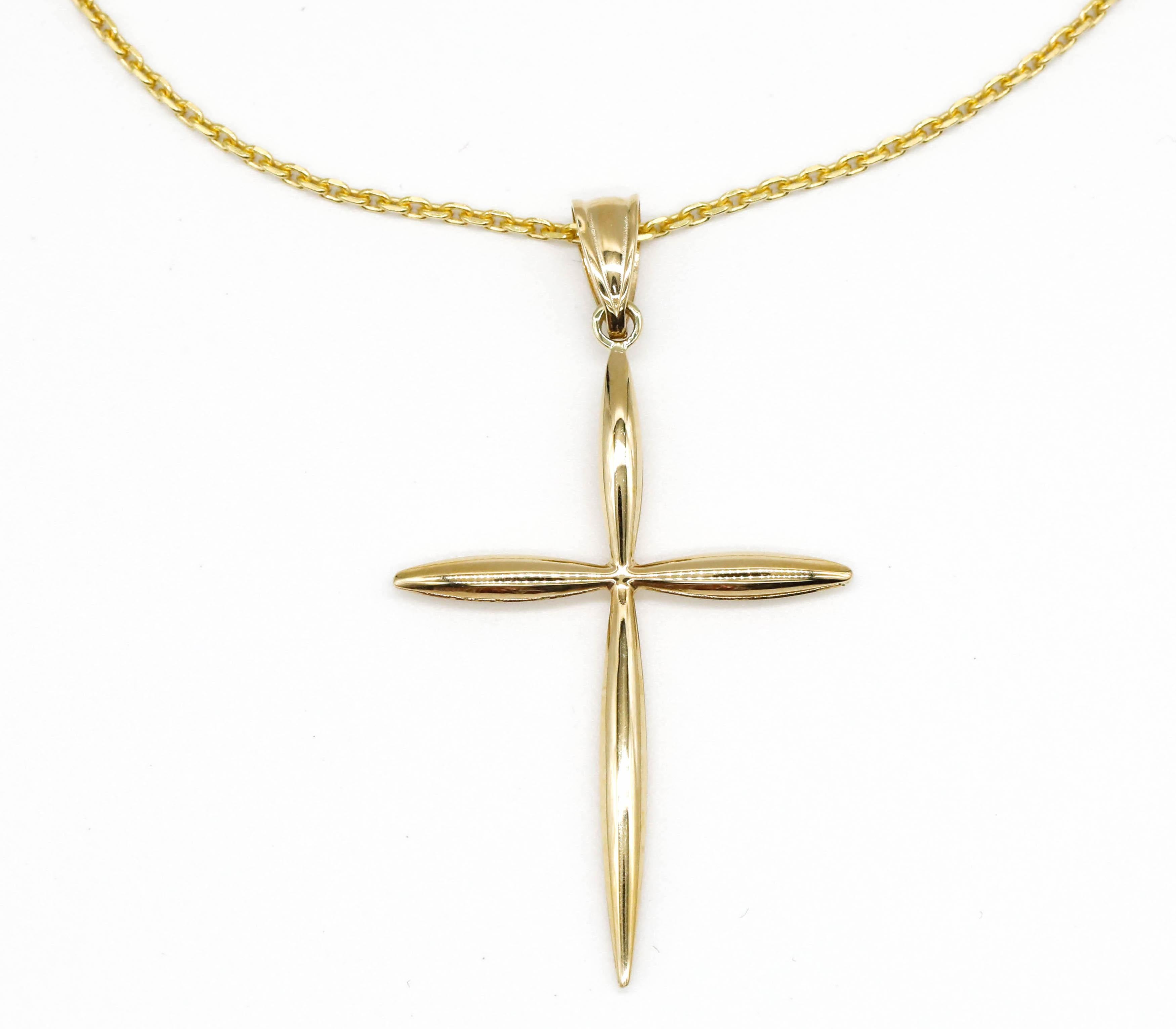 14 Karat Yellow Gold Slim Modern Cross Pendant  In New Condition In New York, NY