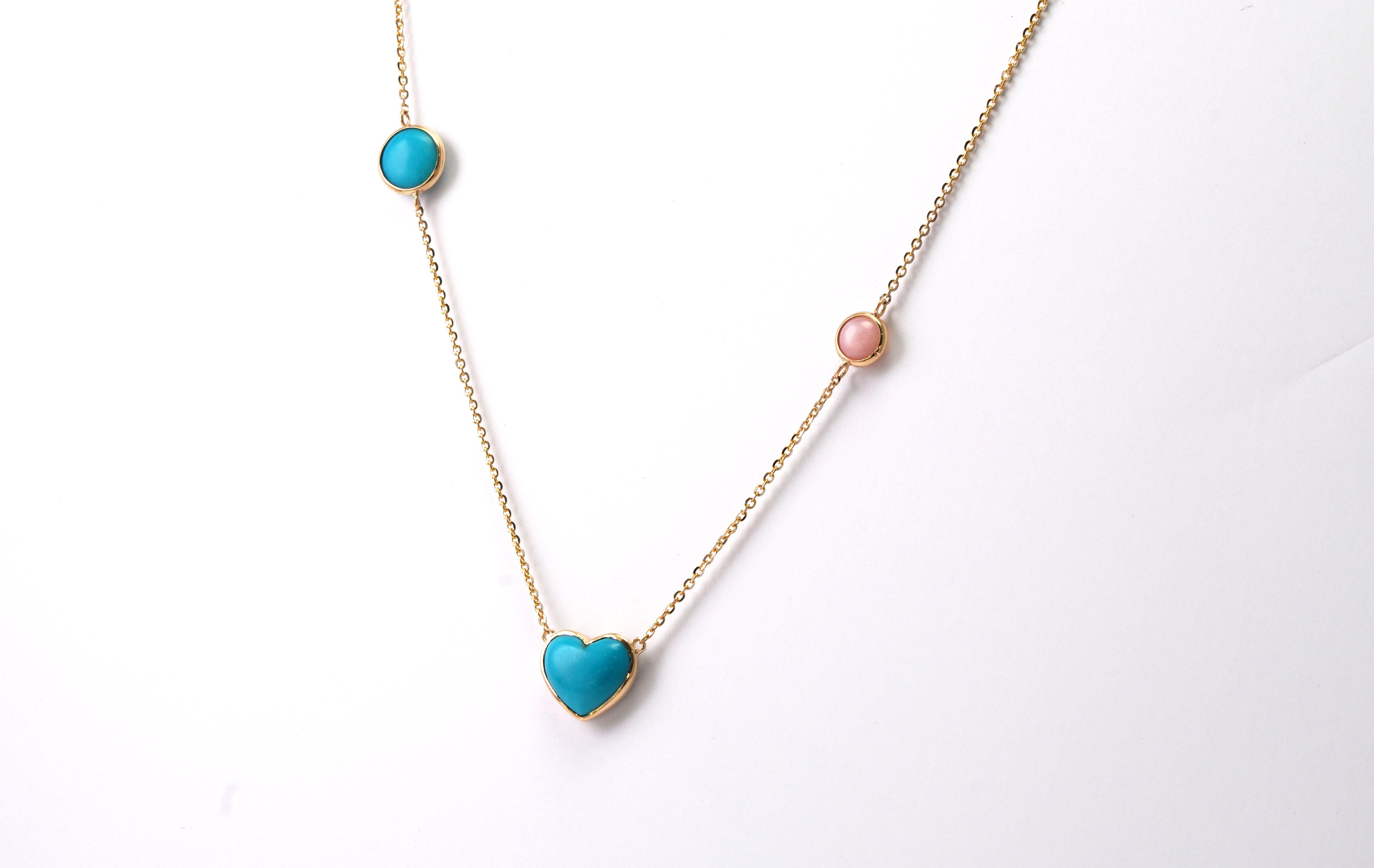 Modern 14kt Yellow Gold Turquoise Pink Opal Necklace For Sale
