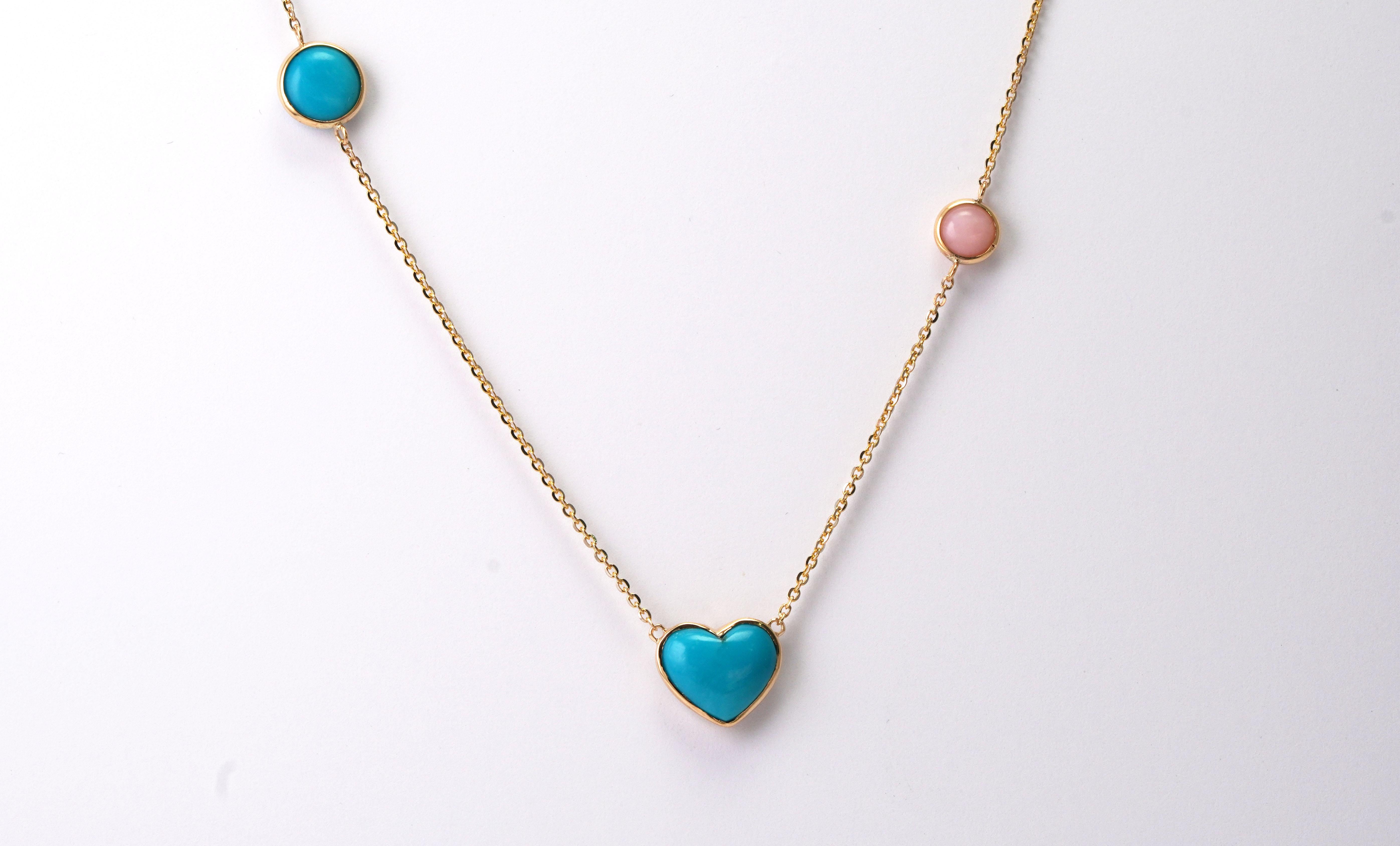 Cabochon 14kt Yellow Gold Turquoise Pink Opal Necklace For Sale