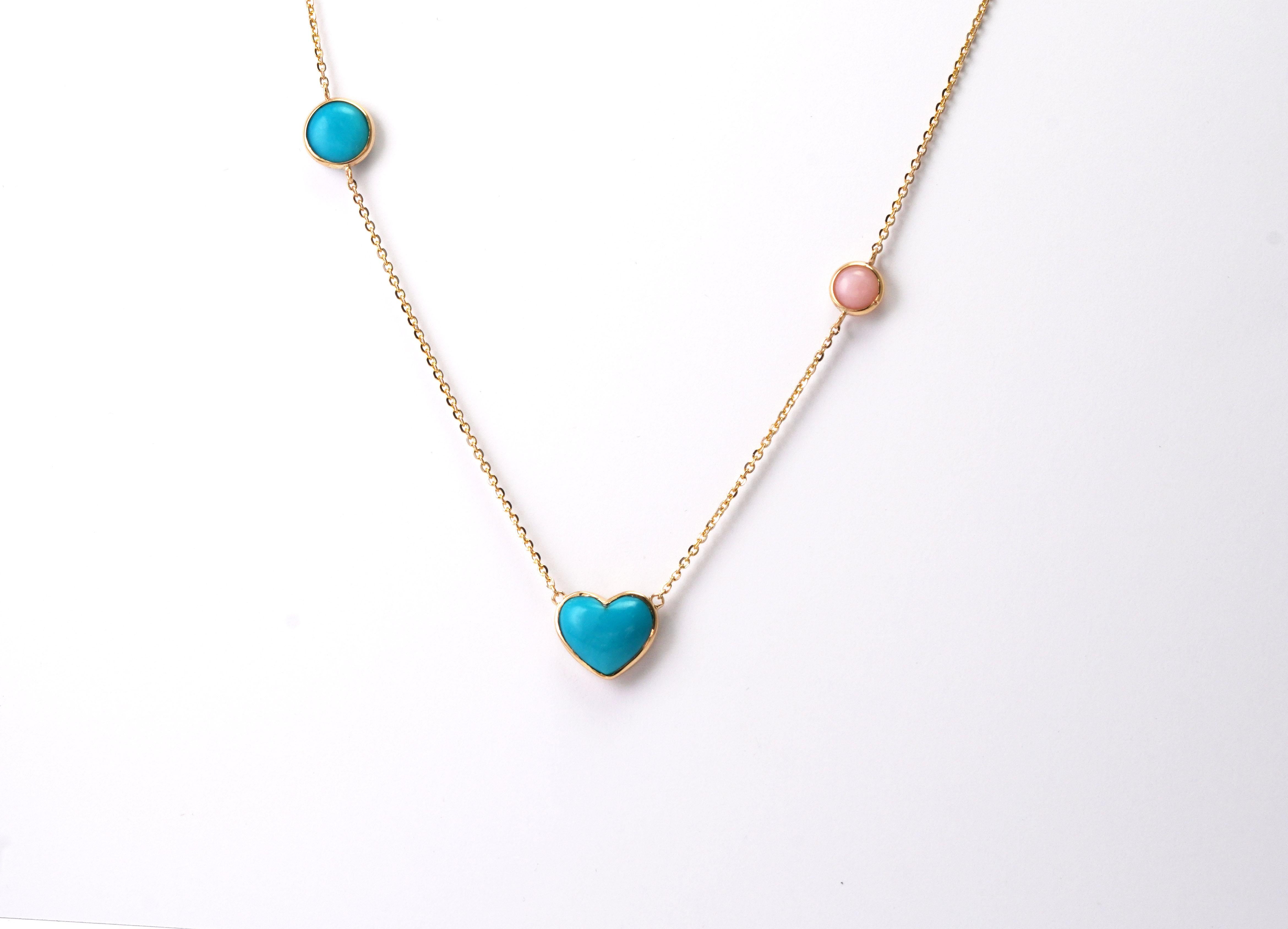 14kt Yellow Gold Turquoise Pink Opal Necklace In New Condition For Sale In София, BG