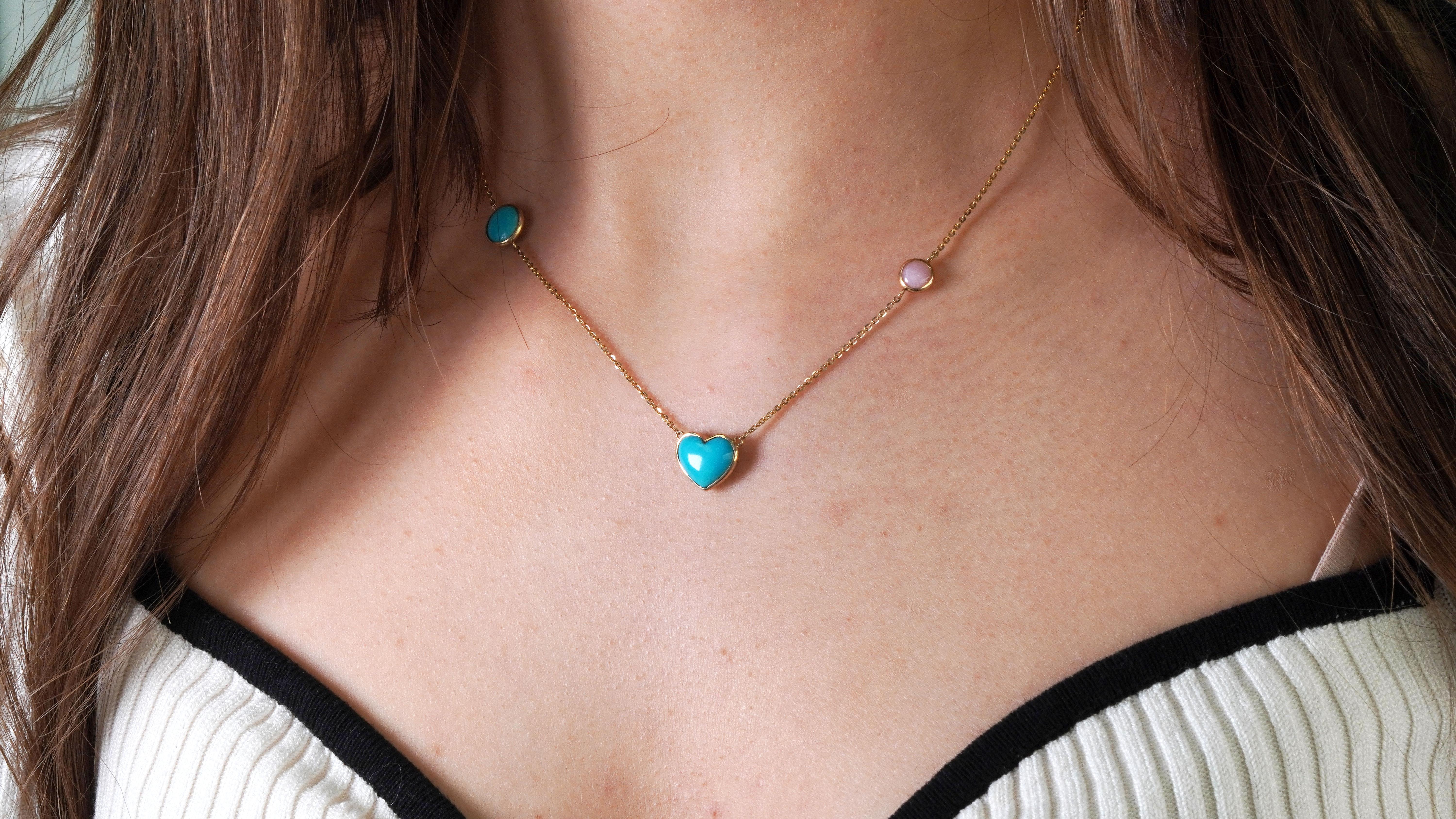 14kt Yellow Gold Turquoise Pink Opal Necklace For Sale 1