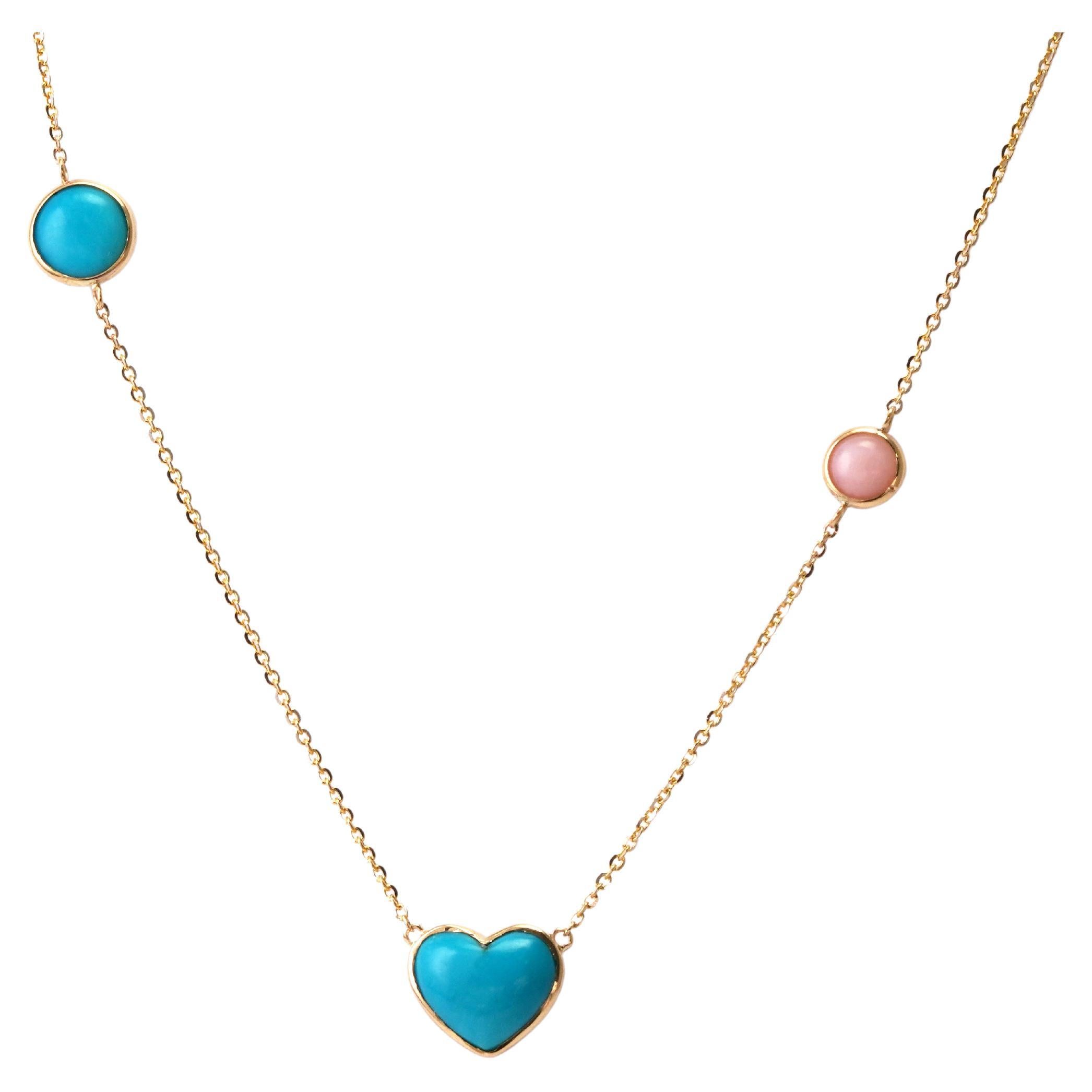 Halskette aus 14 kt Gelbgold mit türkisfarbenem und rosa Opal