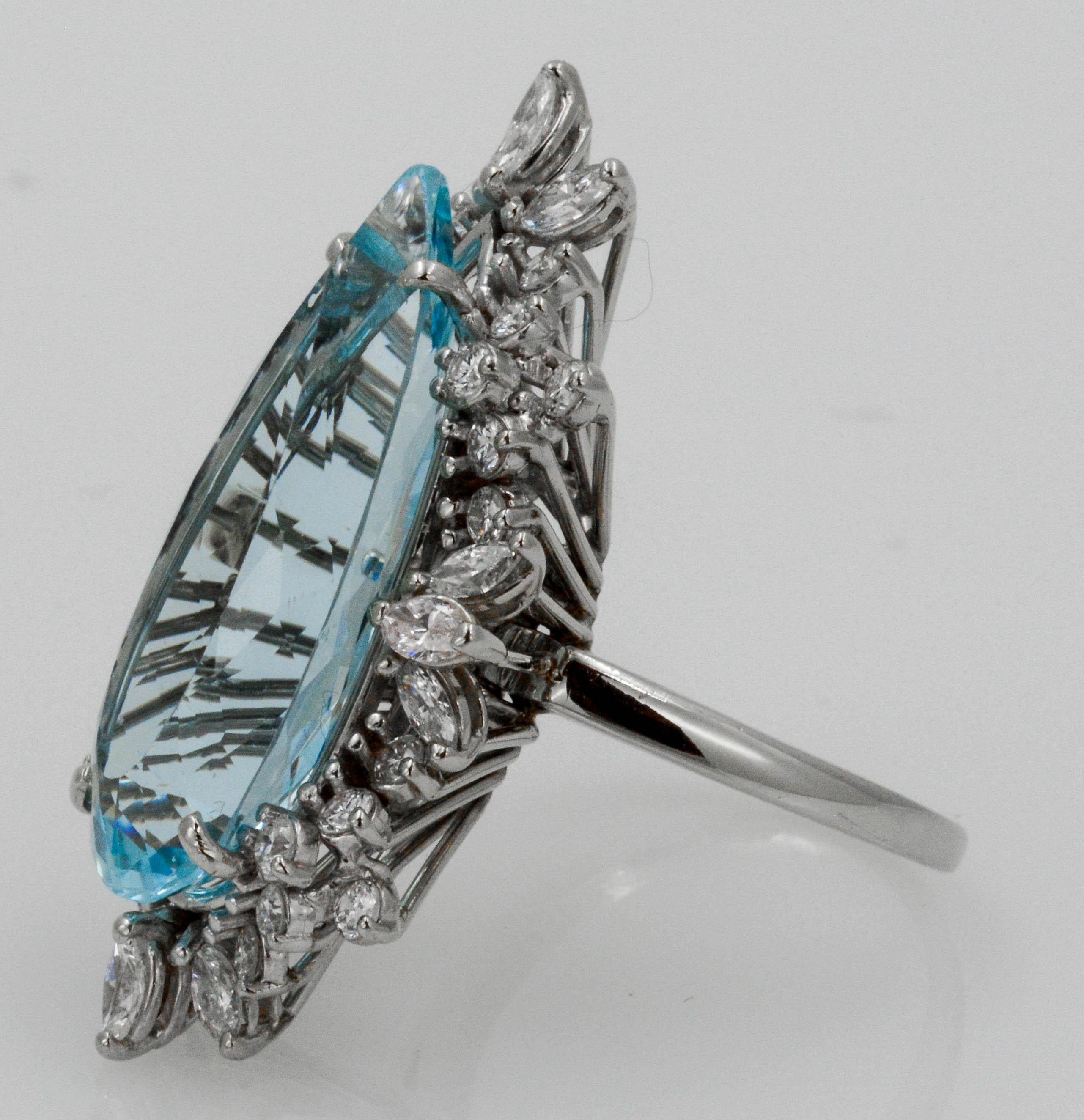 Women's 14 Karat White Gold 16.80 Carat Aquamarine and Diamonds Ring