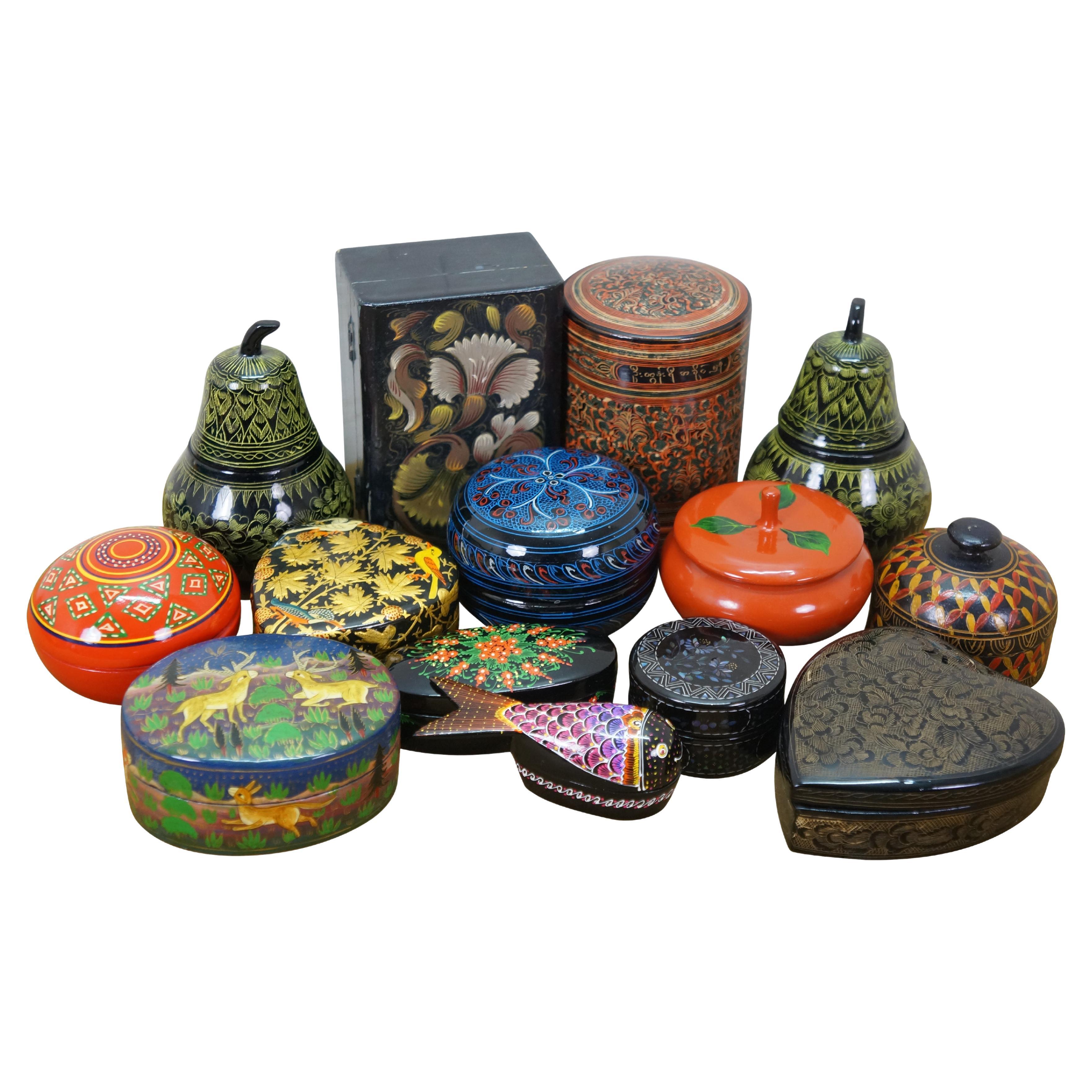 14 Lacquered Paper Mache Trinket Boxes Russian Kashmir Indian Burmese Thailand