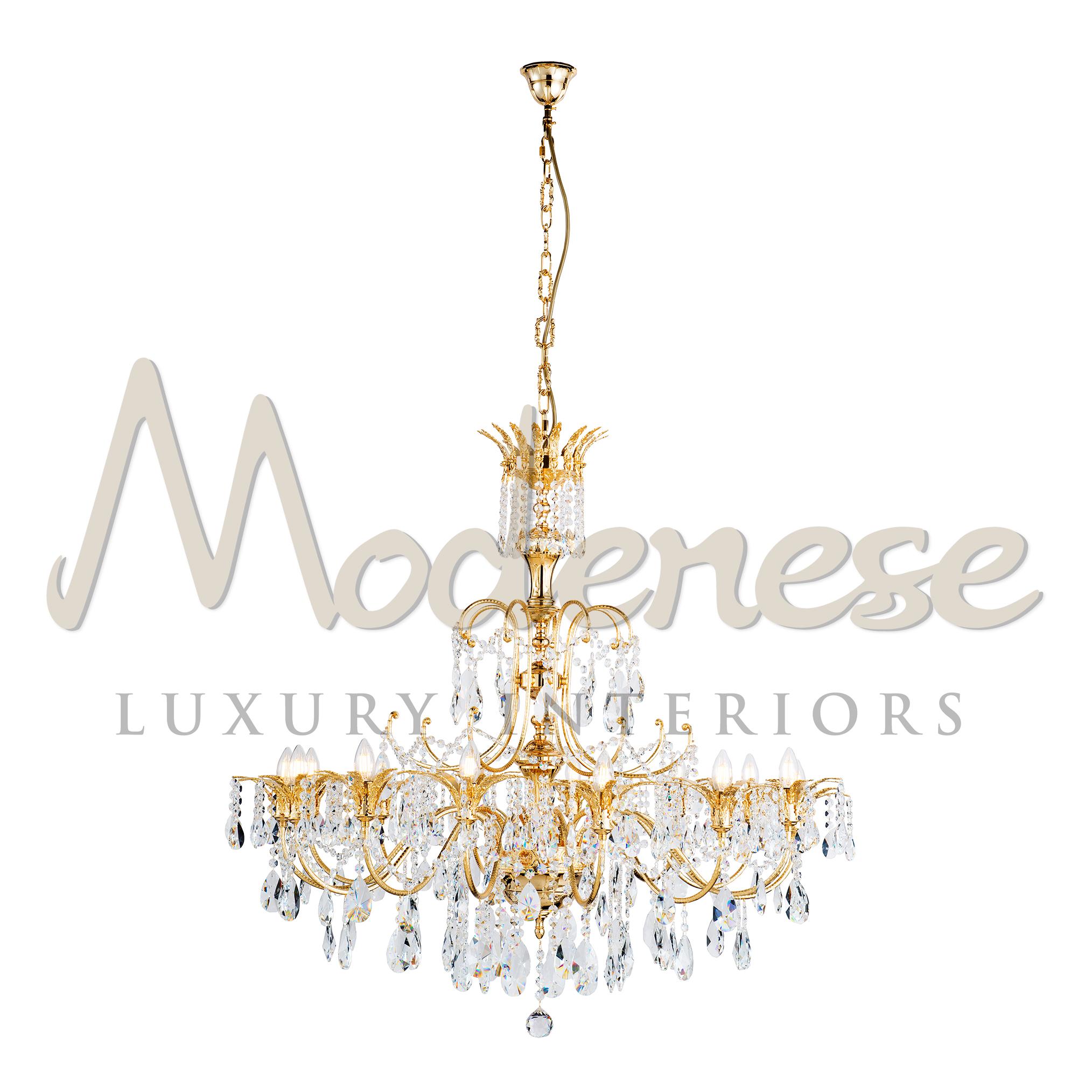 Appliqué 14 Lights Chandelier in 24kt Gold Plated Finish and Crystal Pendants For Sale