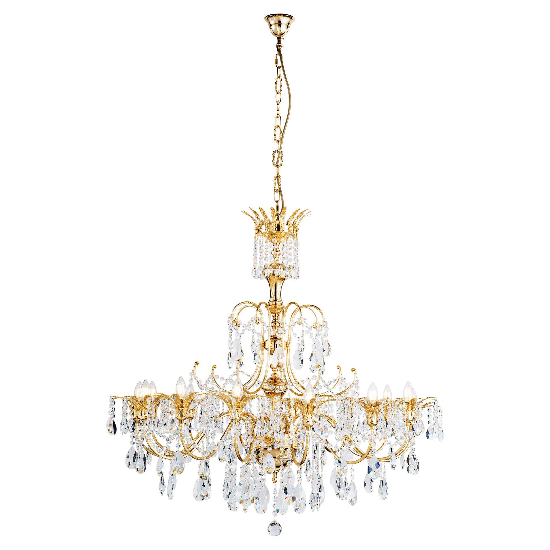 14 Lights Chandelier in 24kt Gold Plated Finish and Crystal Pendants For Sale