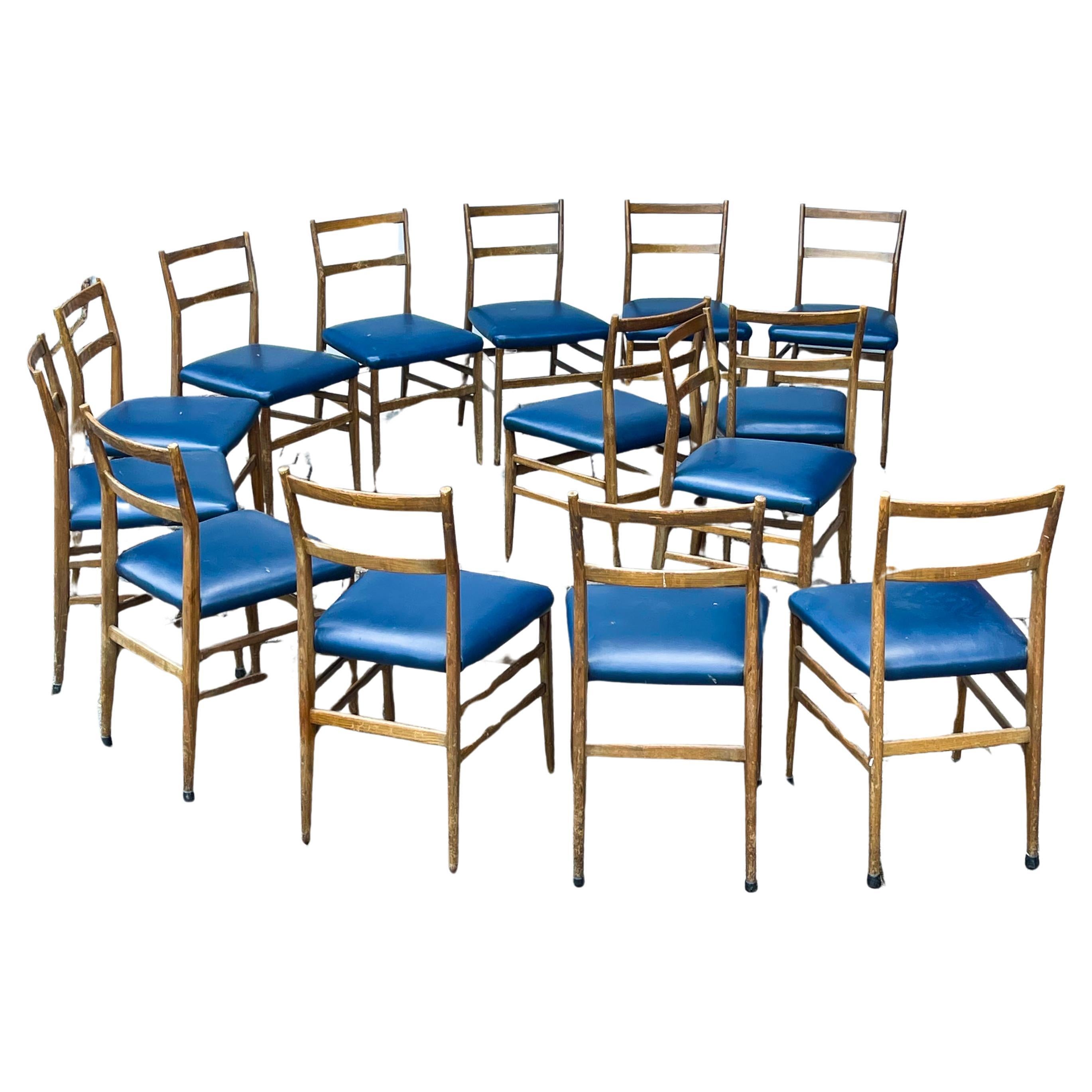 14 Mid Century Italian Dining Chairs, By Gio Ponti - Wood And Blue Leather - 