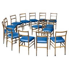Retro 14 Mid Century Italian Dining Chairs, By Gio Ponti - Wood And Blue Leather - 