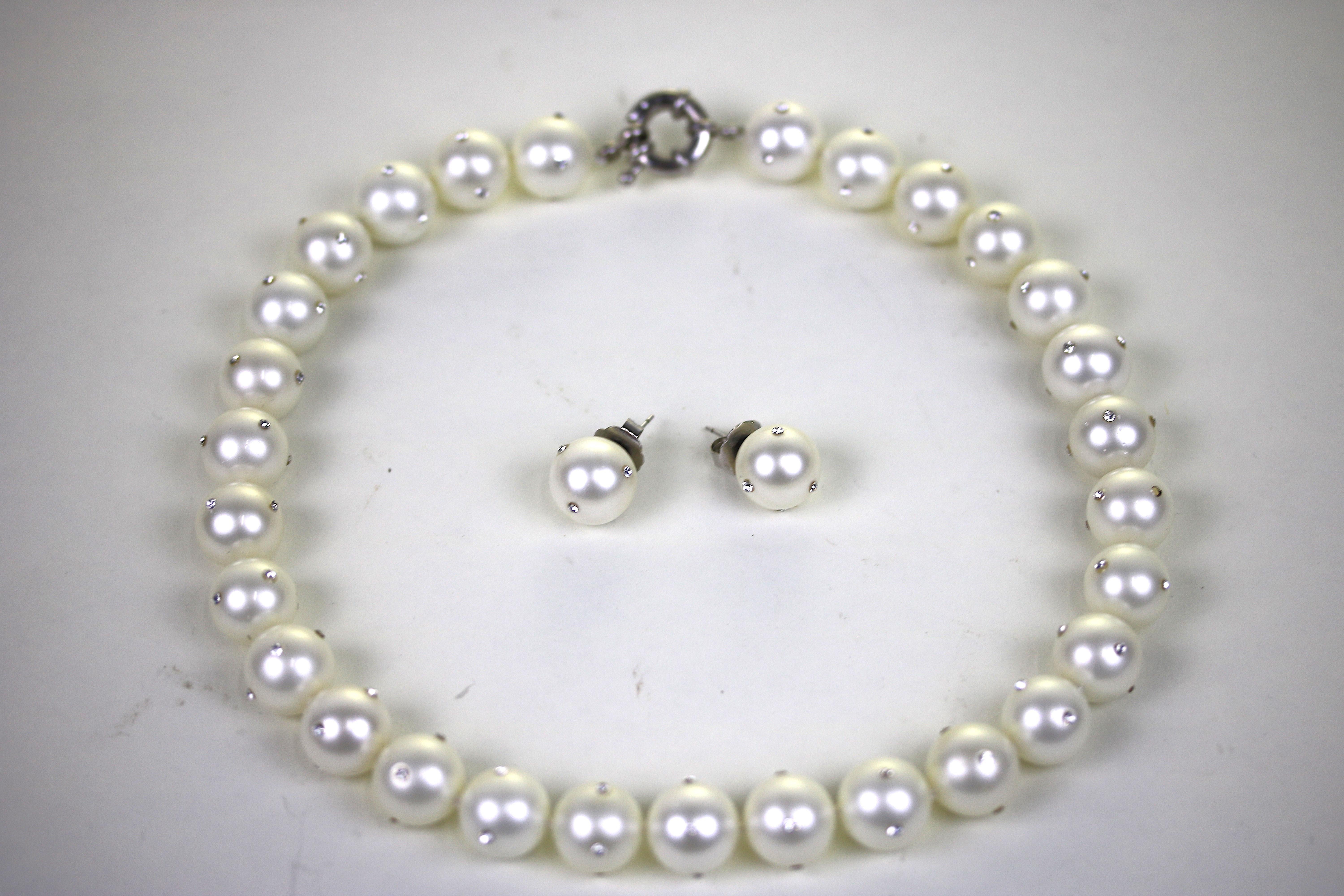 14 mm 29 Faux Pearl Collar Necklace and Earrings Set- inlay CZ Diamonds For Sale