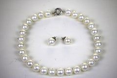 Vintage 14 mm 29 Faux Pearl Collar Necklace and Earrings Set- inlay CZ Diamonds