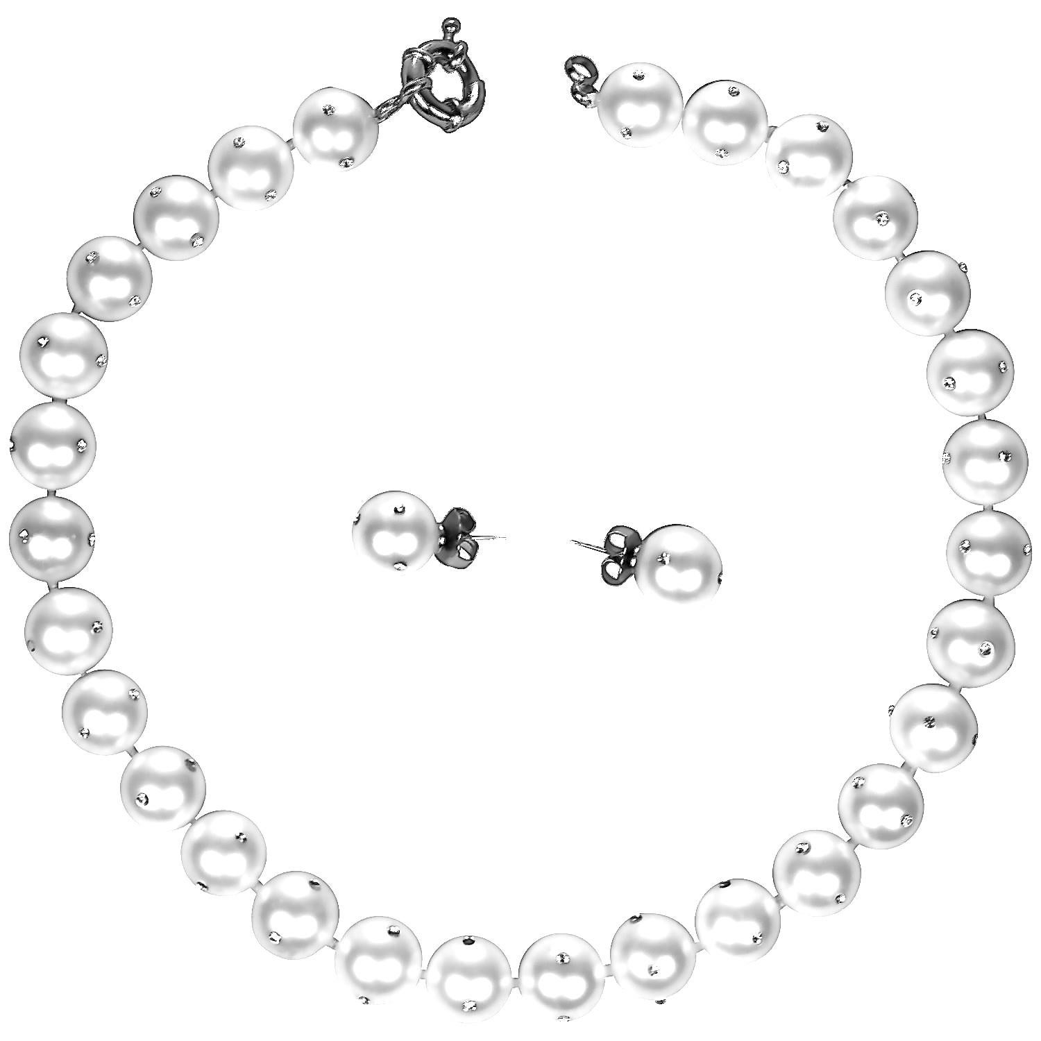 For a Jacqueline Kennedy Sophisticated Fashionista!

A Gorgeous unique 14-16 mm faux pearl (29 pearls on necklace) with inlay of sparkly cz diamonds, spaced around each pearl both the necklace and earrings. Necklace with silver spring ring clasp and