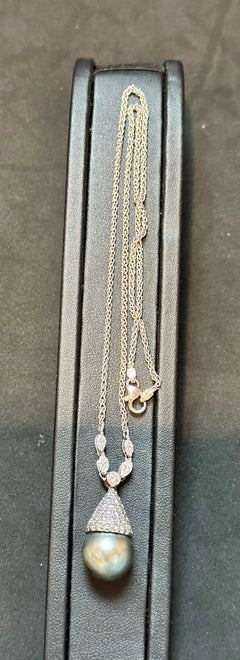 14 mm Black Round Tahitian Pearl & 2 Ct Diamond 14 Kt Gold  Pendant /Necklace