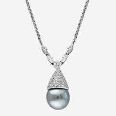 14 mm Black Round Tahitian Pearl & 2 Ct Diamond 14 Kt Gold  Pendant /Necklace