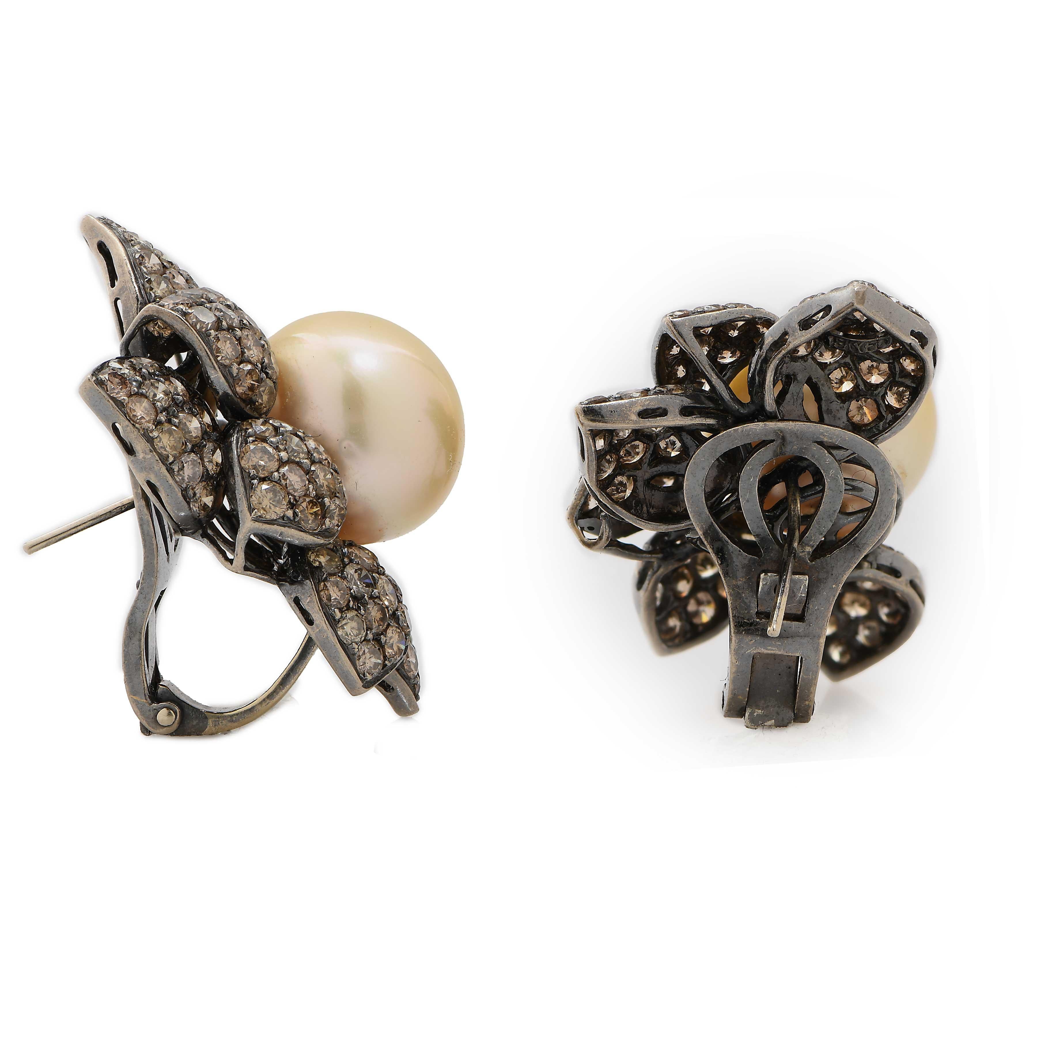 Round Cut 14 MM Golden Pearl and Diamond Earrings in 18 Karat White Gold For Sale