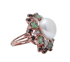 14 Mm Pearl, Emeralds, Sapphires, Diamonds, Rose Gold and Silver Ring.