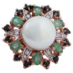 14 Mm Pearl, Emeralds, Sapphires, Diamonds, Rose Gold and Silver Ring.