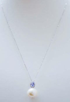 14 Mm Pearl, Tanzanite, Diamonds, 14 Karat White Gold Pendant.