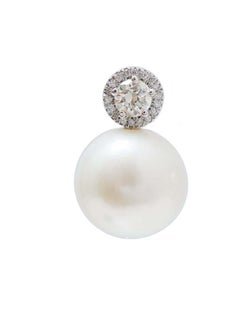 14 Mm Pearls, Diamonds, 14 Karat White Gold Earrings.
