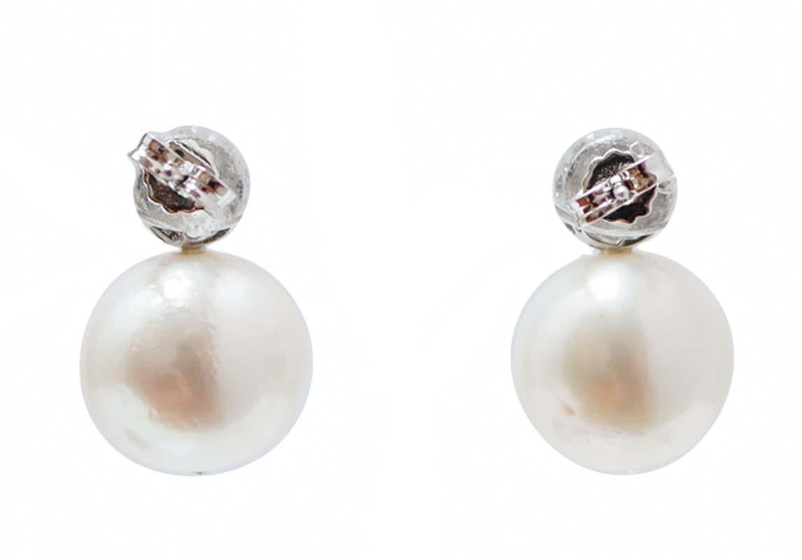 Retro 14 Mm Pearls, Diamonds, 14 Karat White Gold Earrings. For Sale