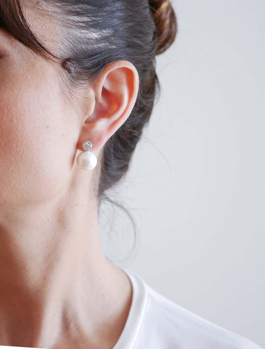 Mixed Cut 14 Mm Pearls, Diamonds, 14 Karat White Gold Earrings. For Sale