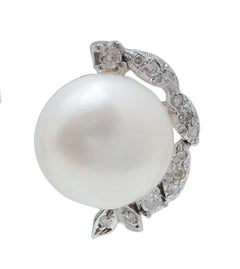 14 Mm Pearls, Diamonds. 14 Kt White Gold Earrings.