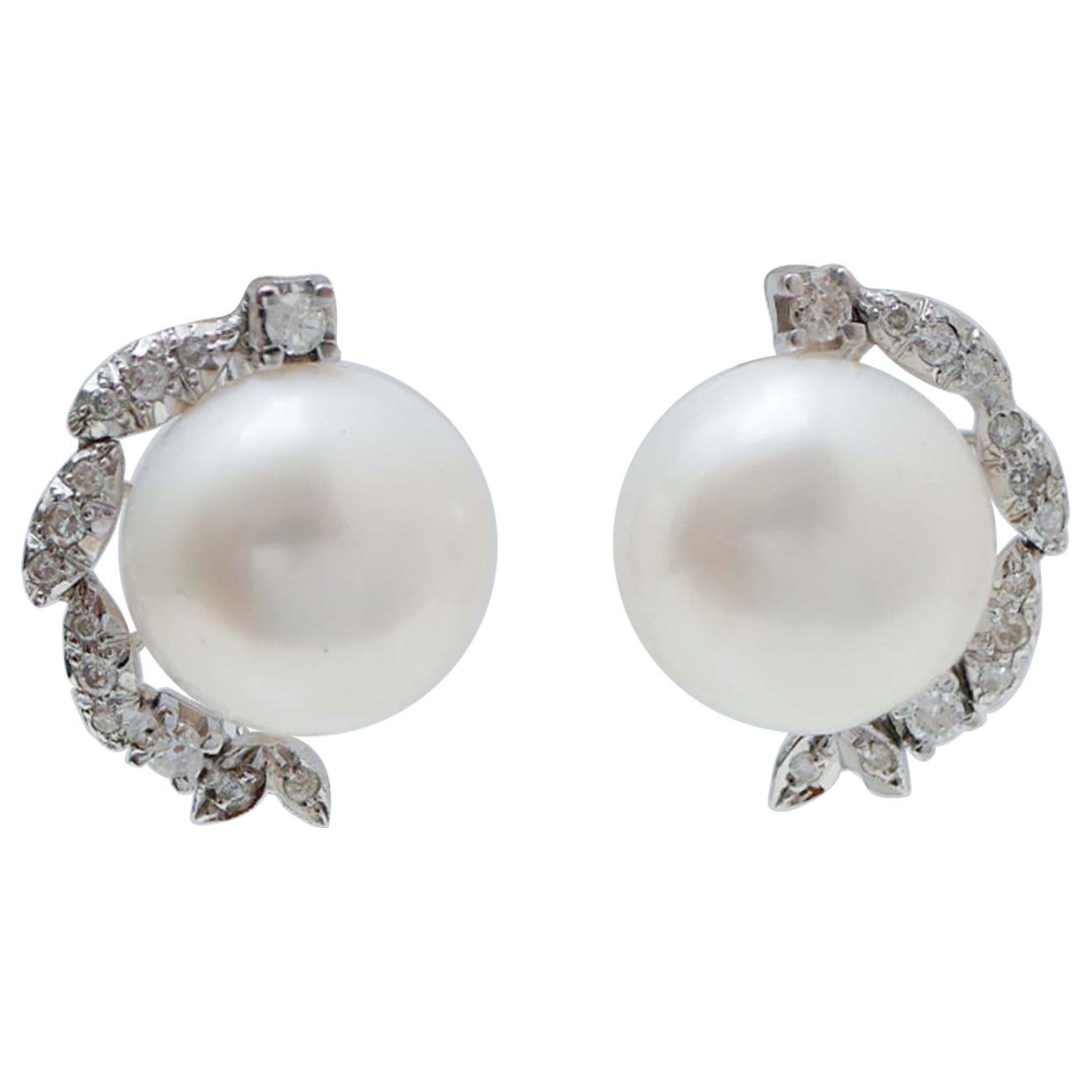 Perle da 14 mm, diamanti. Orecchini in oro bianco 14 Kt. in vendita