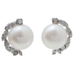 14 Mm Pearls, Diamonds. 14 Kt White Gold Earrings.