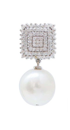 14 Mm Pearls, Diamonds, 18 Karat White Gold Earrings.