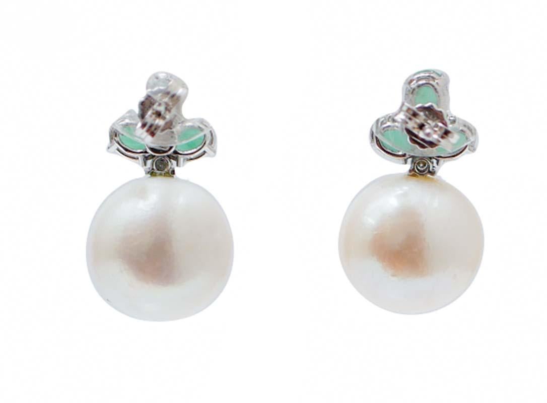 Retro 14 Mm Pearls, Diamonds, Emeralds, 14 Karat White Gold Earrings.