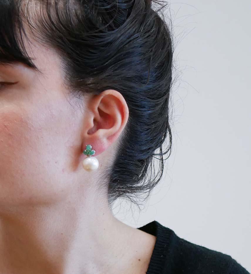 Mixed Cut 14 Mm Pearls, Diamonds, Emeralds, 14 Karat White Gold Earrings.