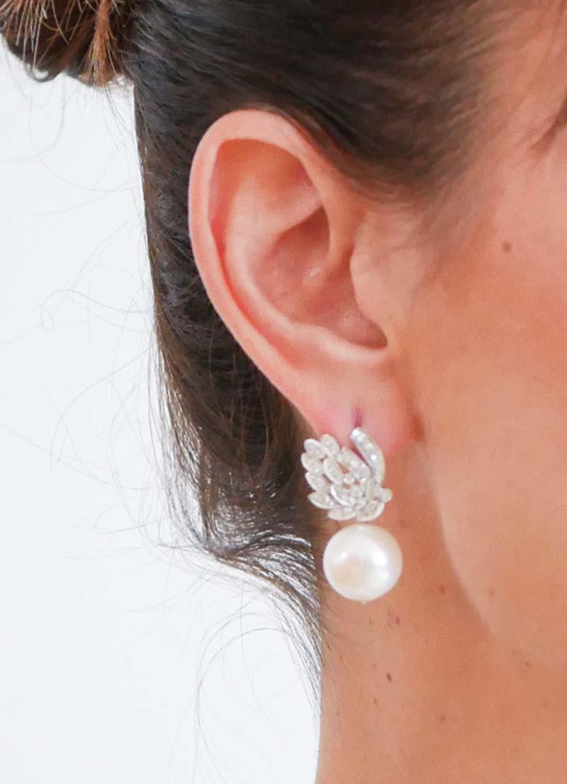 14 Mm Perles, Diamants, Platine Boucles d'oreilles. Bon état - En vente à Marcianise, Marcianise (CE)