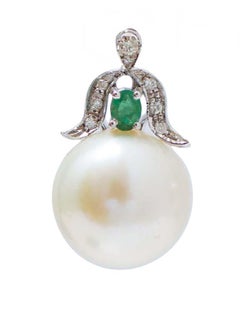 14 Mm Pearls, Emeralds, Diamonds, 14 Karat White Gold Earrings.