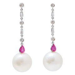 14 Mm Pearls, Rubies, Diamonds, 14 Karat White Gold Earrings.