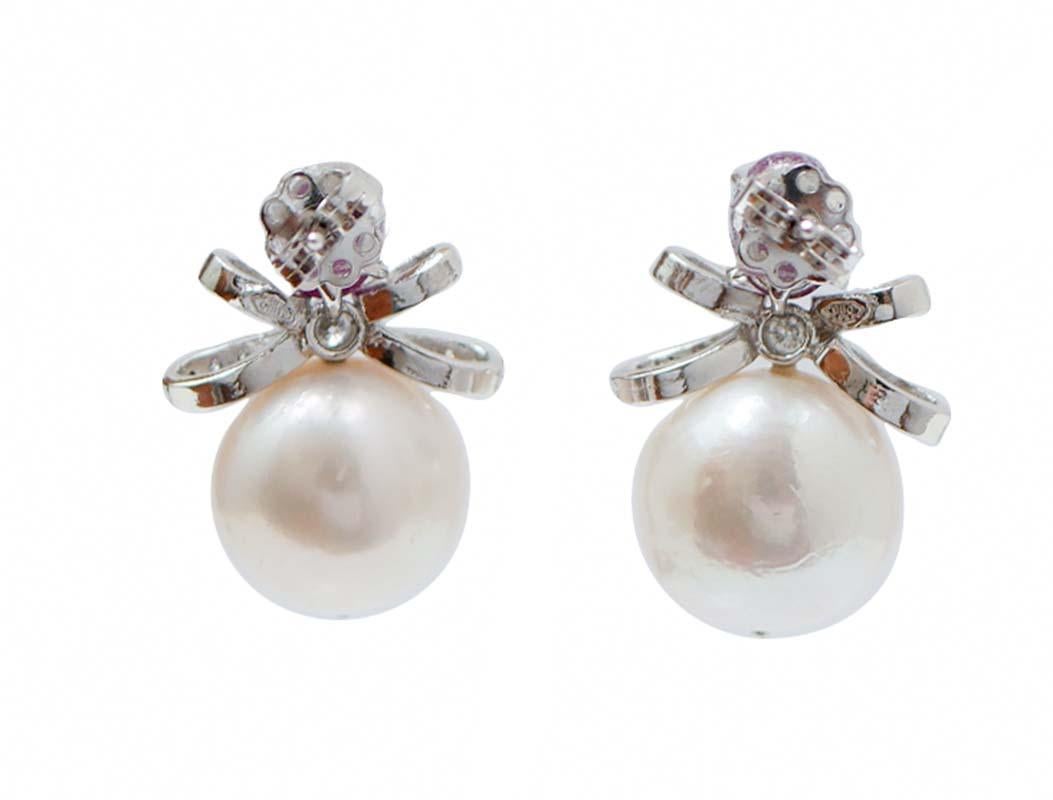 Retro 14 Mm Pearls, Rubies, Diamonds, Platinum Earrings For Sale