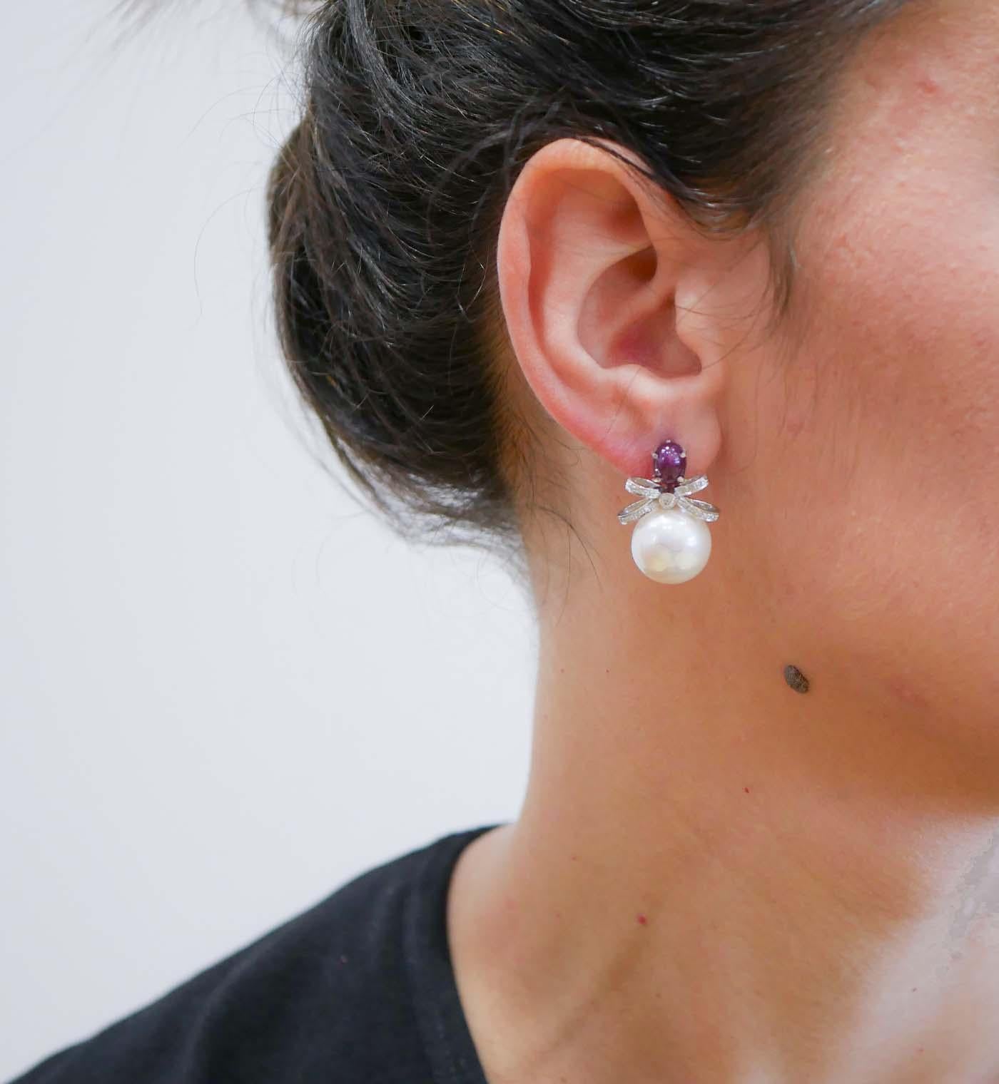 Mixed Cut 14 Mm Pearls, Rubies, Diamonds, Platinum Earrings For Sale