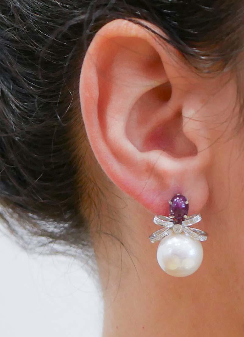 14 Mm Pearls, Rubies, Diamonds, Platinum Earrings In Good Condition For Sale In Marcianise, Marcianise (CE)