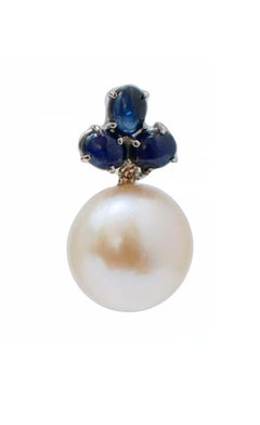 14 Mm Pearls, Sapphires, Diamonds, 14 Karat White Gold Earrings.