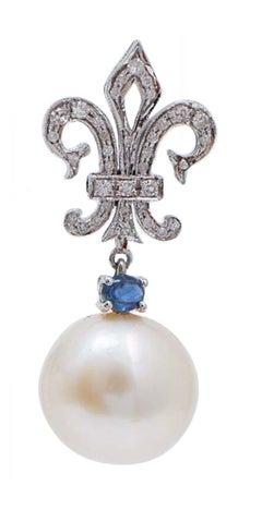 14 Mm Pearls, Sapphires, Diamonds, 14 Karat White Gold Earrings.