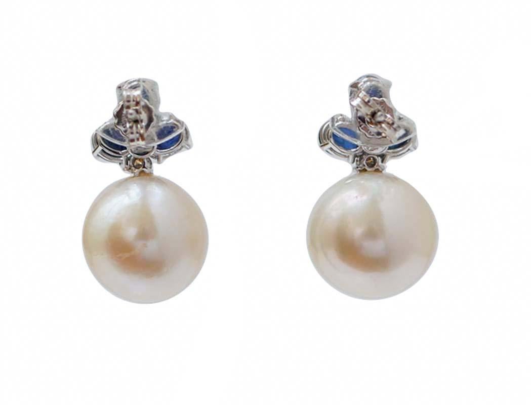Retro 14 Mm Pearls, Sapphires, Diamonds, 14 Karat White Gold Earrings. For Sale