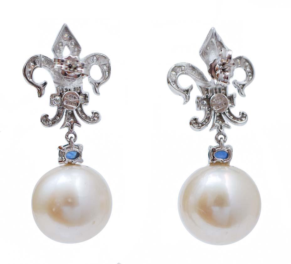 Retro 14 Mm Pearls, Sapphires, Diamonds, 14 Karat White Gold Earrings. For Sale